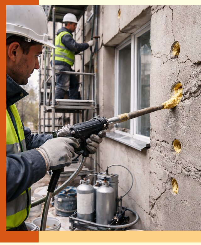 Заполнение пустот в фасаде и утепление стен в Луховицах