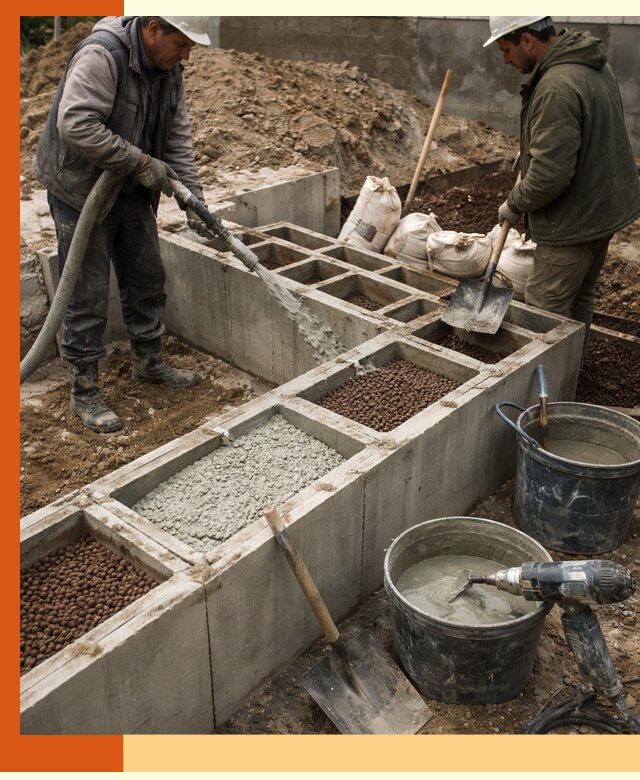 Заполнение полостей фундамента в Луховицах герметичным утеплением и повышением прочности